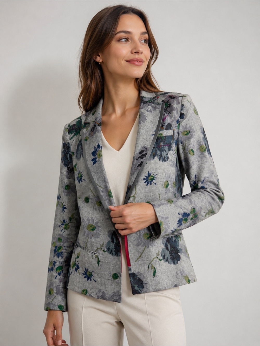Elizabeth and James Gray Floral Cotton Silk Blazer Jacket US 6